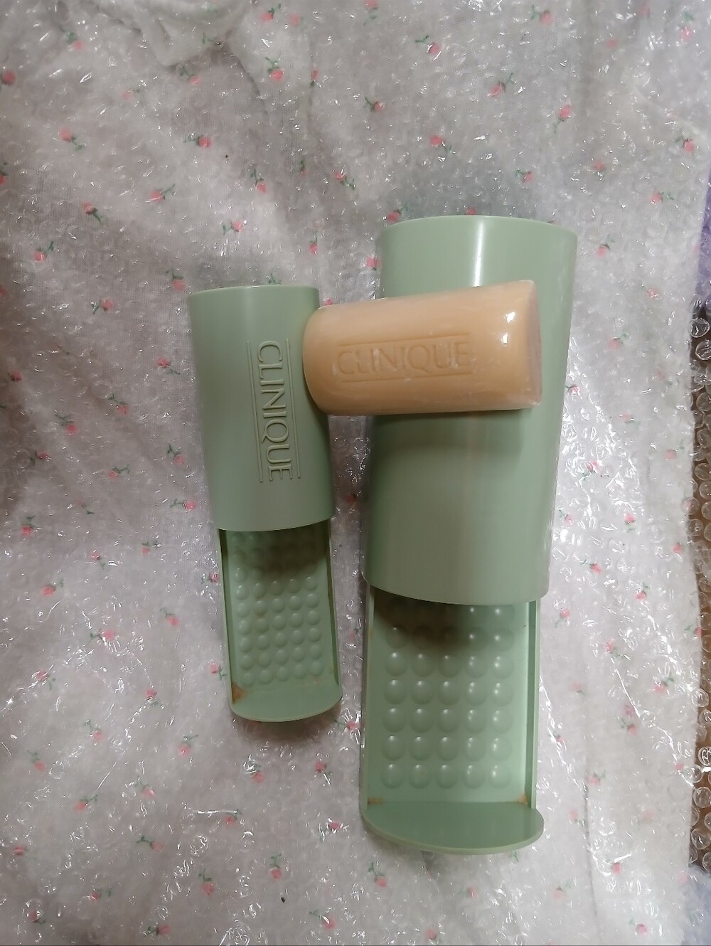 Vintage Clinique Mint Green Soap Holders with One Travel Bar Soap